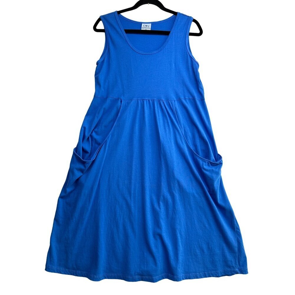 CMC Color Me Cotton Dress Midi Sleeveless Scoop Neck Pockets Flowy Size S Blue